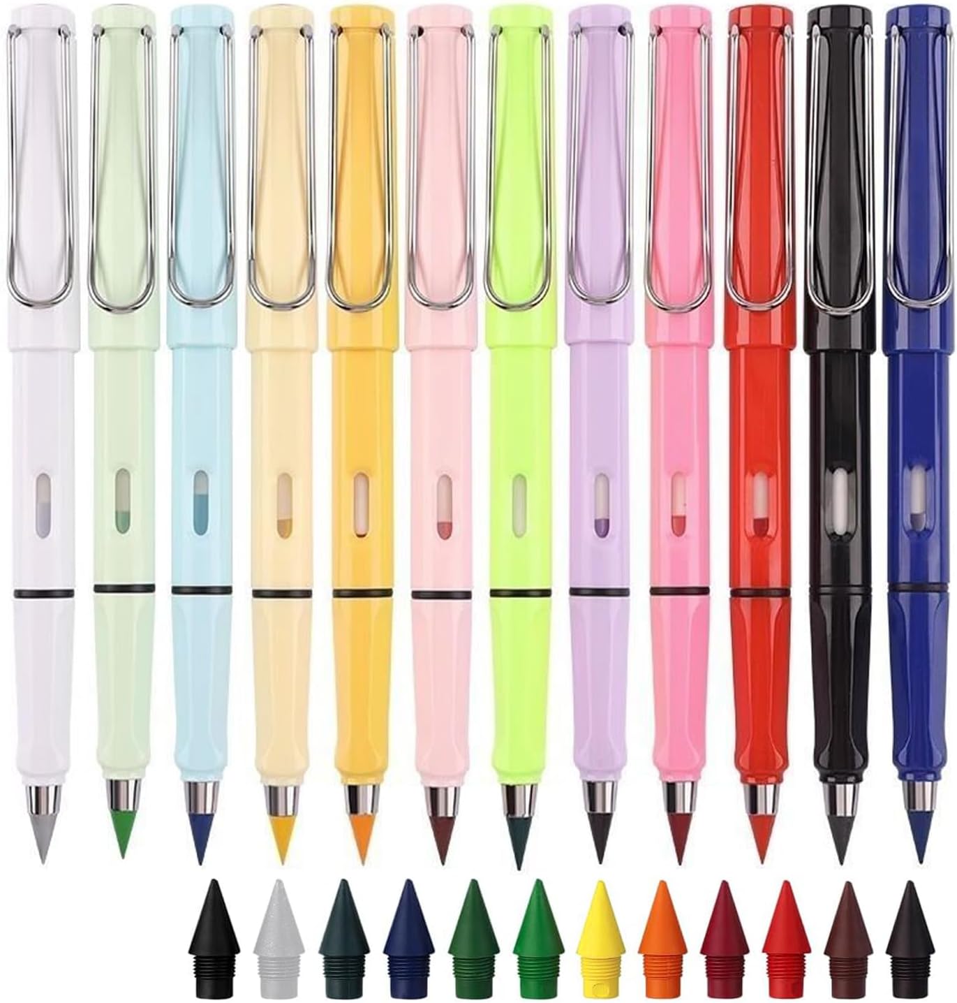 12 lápices de colores eternos sin tinta con borradores, lápices de metal para colorear, lápiz eterno con 12 cabezales reemplazables adicionales,