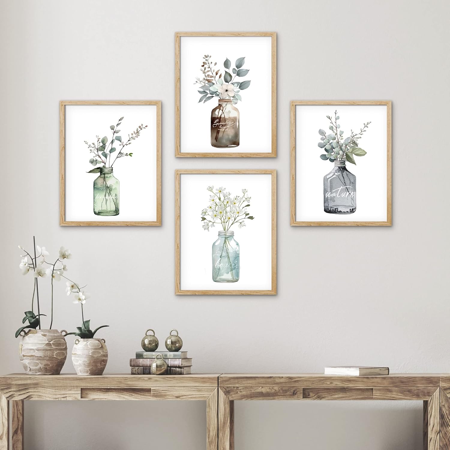 SIGNWIN Arte de pared enmarcado de florero de vidrio con hojas de bosque pastel, juego de 4 impresiones de decoración de pared de naturaleza