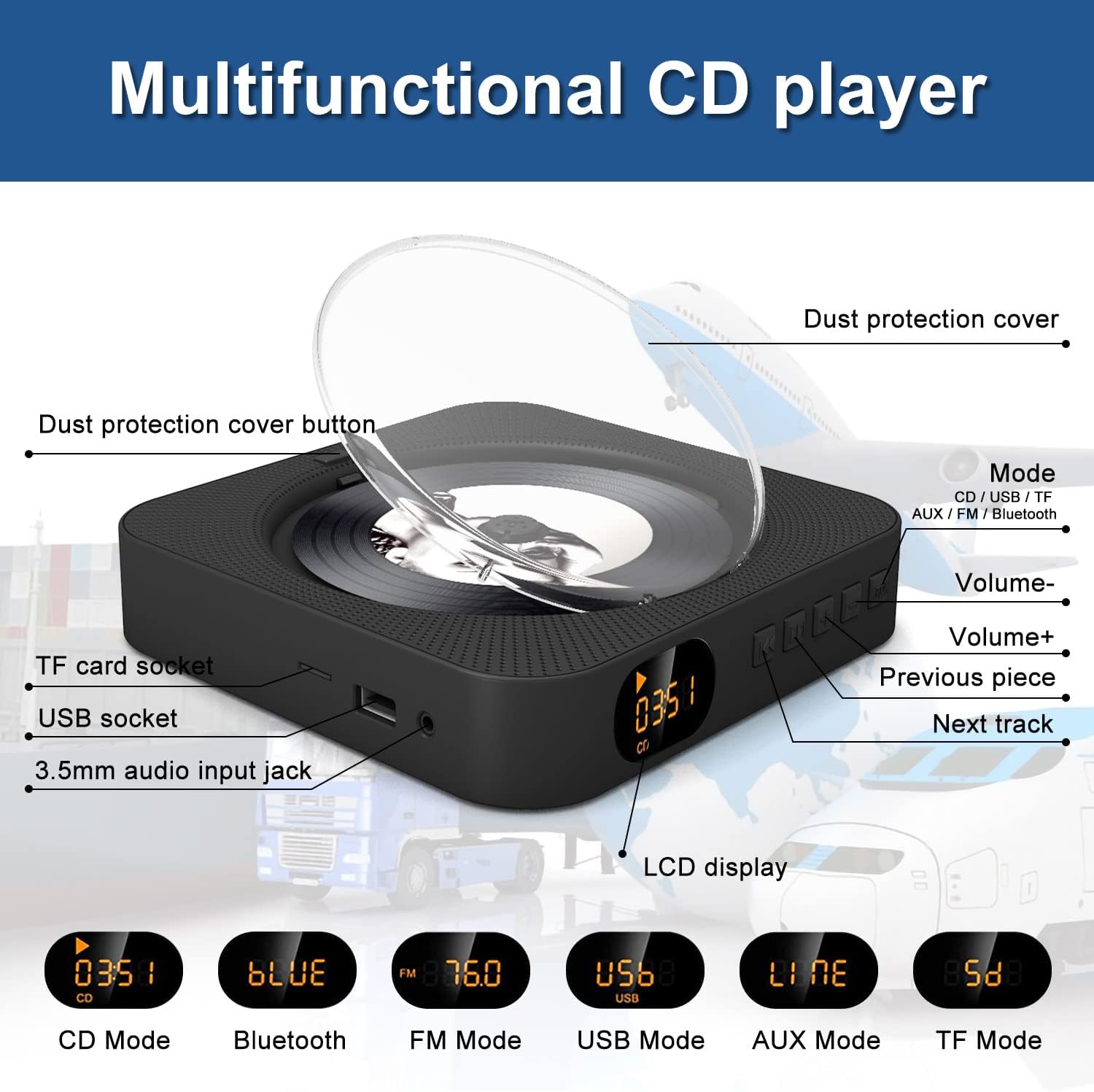 Reproductor de CD portátil con Bluetooth de escritorio para reproductores de música de CD en el hogar con control remoto, temporizador, altavoces