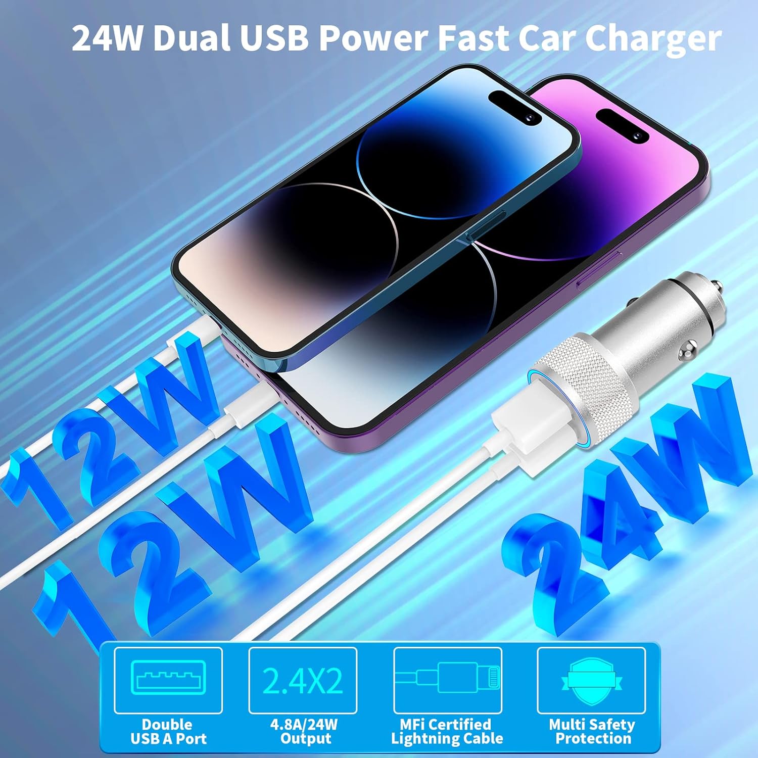 iPhone Car Charger Fast Charging, Apple MFi Certified 4.8A Dual USB All Metal Rapid Power Car Charger with 2 Pack Lightning Cord Quick Car Charging