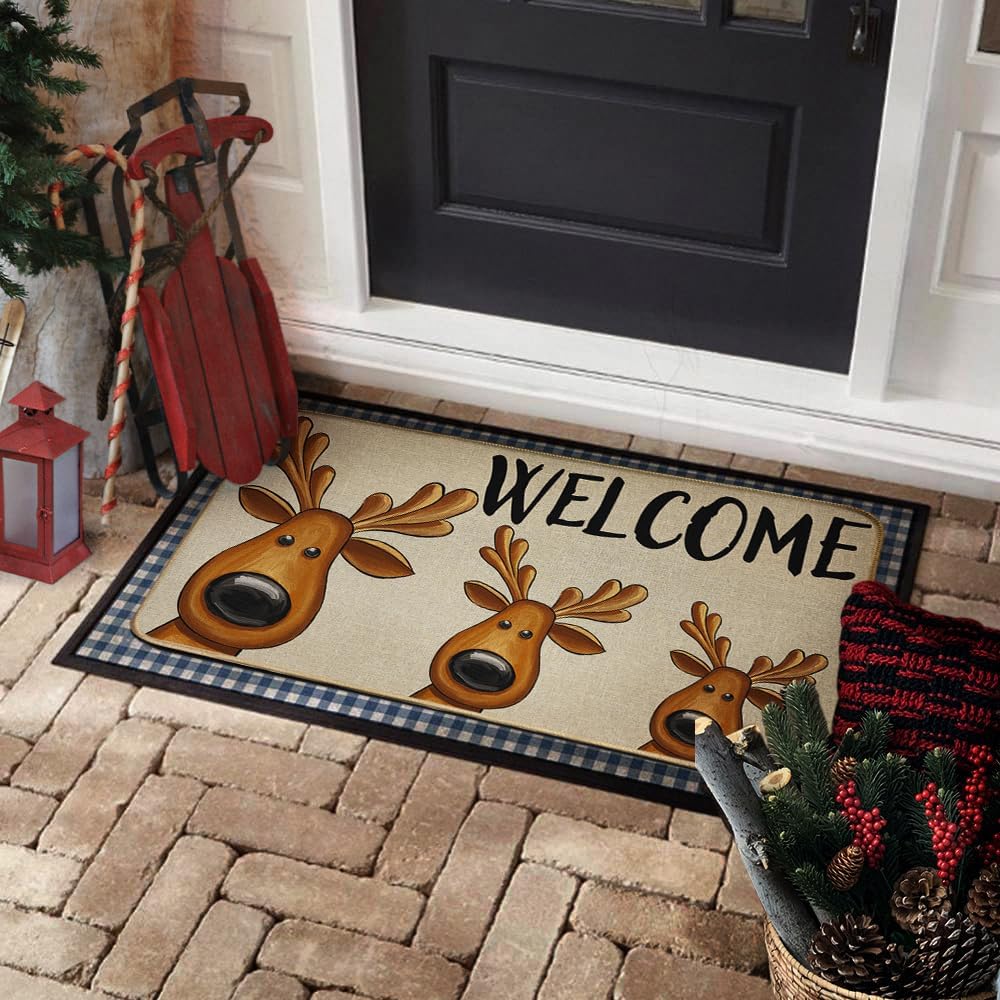 Tapete de bienvenida con ciervos de Navidad, 17 x 29 pulgadas, tapete decorativo de invierno de temporada, antideslizante y lavable, para interiores