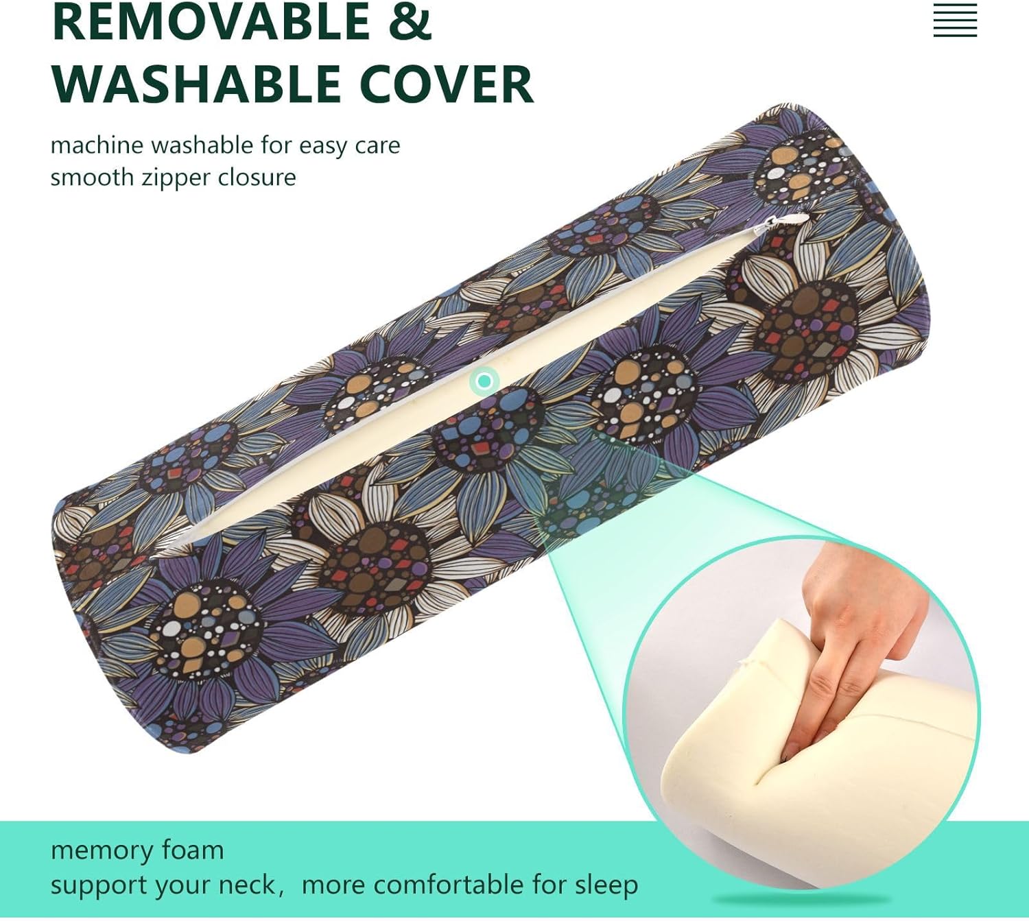 KLL Almohada larga terapéutica con diseño de girasoles, estilo bohemio, para sofá, redondas, cilíndrica, con cremallera