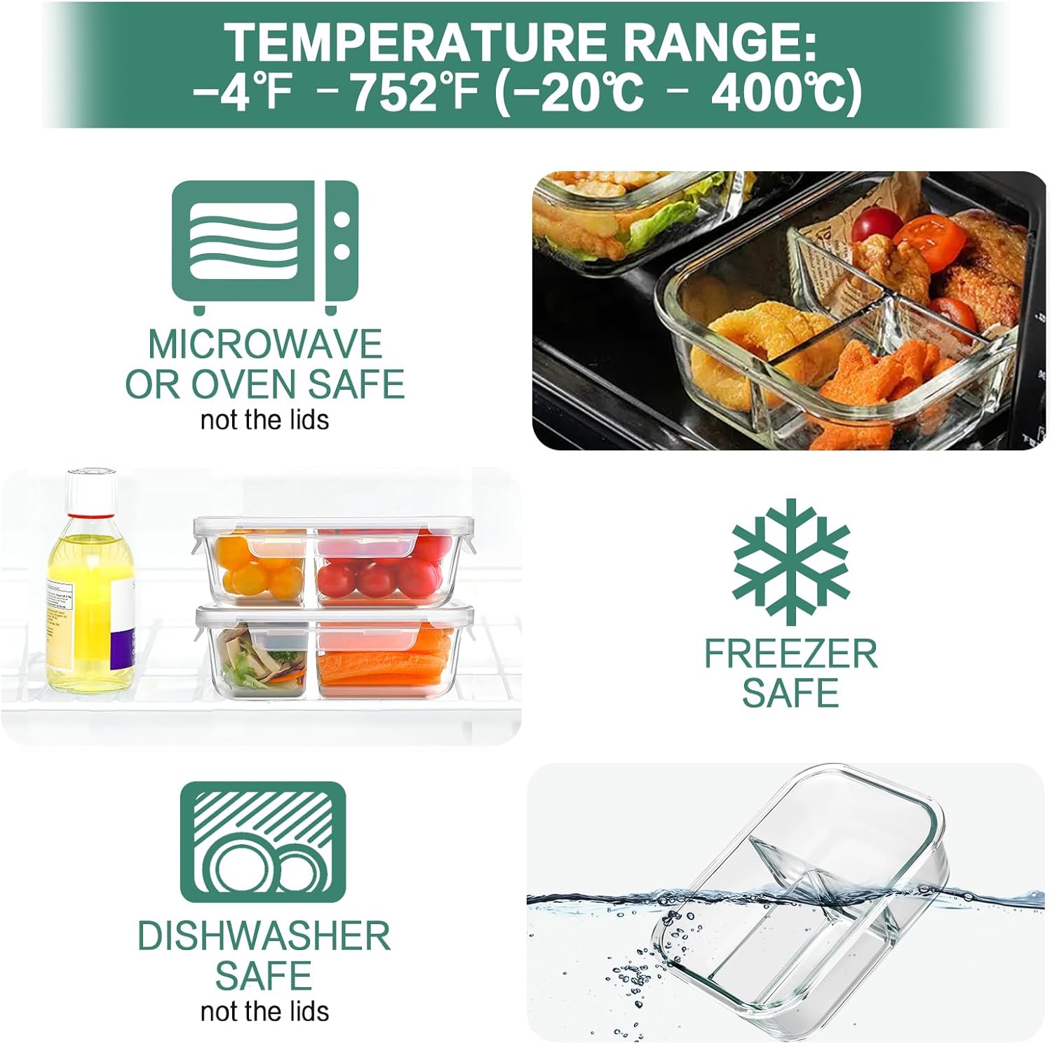 HOMBERKING Paquete de 8 recipientes de vidrio para preparación de comidas, 3 compartimentos, recipientes de vidrio de almacenamiento de alimentos de