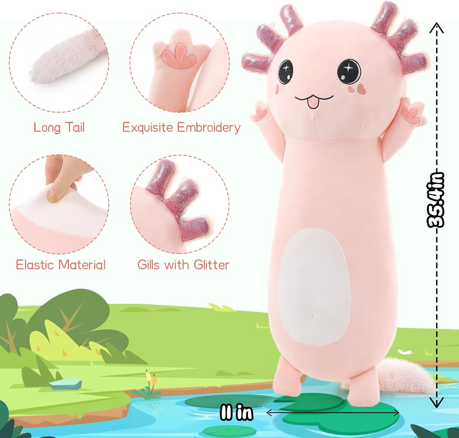 Bonita almohada corporal de ajolote rosa, regalo para niñas, 35 pulgadas de largo, almohada de abrazo para adultos, regalo para el día de San