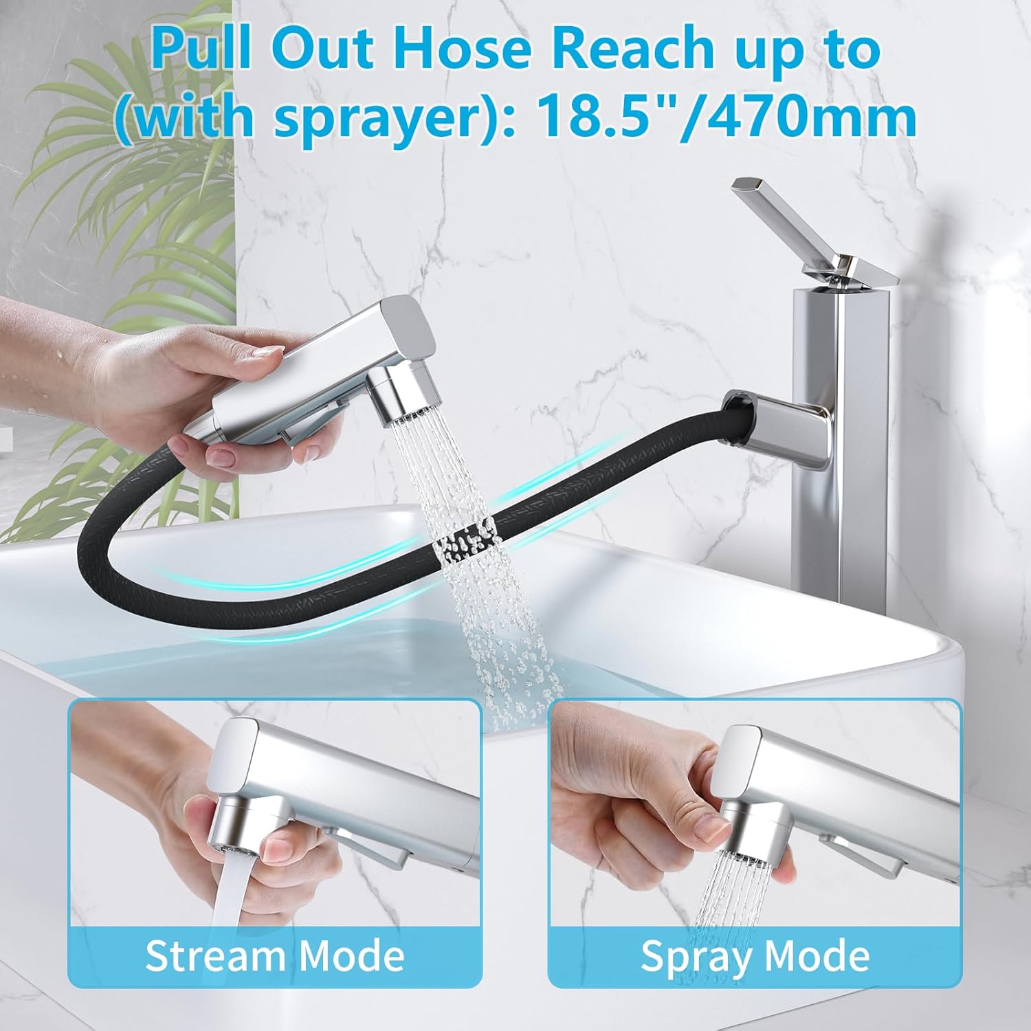 MIAOHUI Grifo de fregadero de recipiente con rociador extraíble, grifo alto de fregadero de baño de 3 modos de pulverización, grifos de baño altos