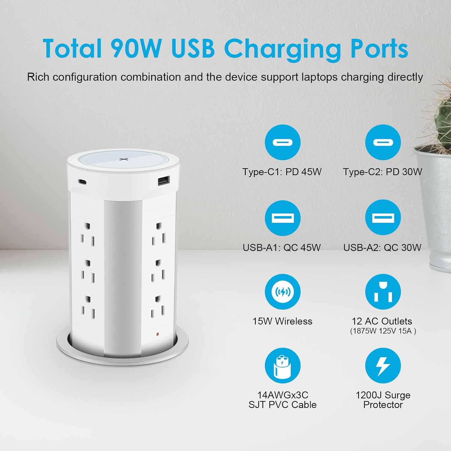 HEZI Toma de corriente desplegable para encimera con cargador inalámbrico de 15 W, entrega máxima de energía de 45 W, 12 CA, 2 USB-A y 2 USB-C,