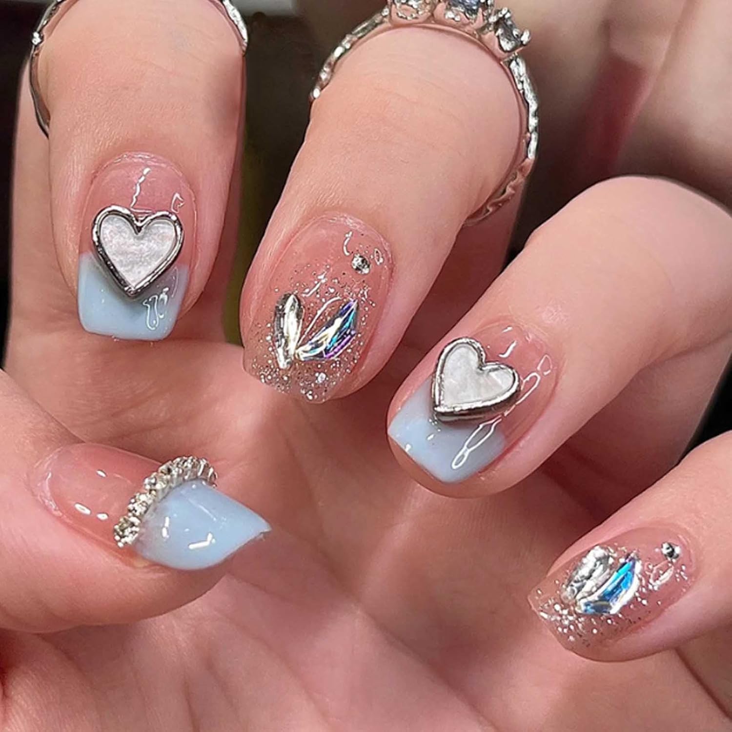 Hkanlre Bling – Uñas postizas a presión tipo ataúd, puntas de uñas postizas de cobertura completa, uñas postizas medianas con degradado para mujeres