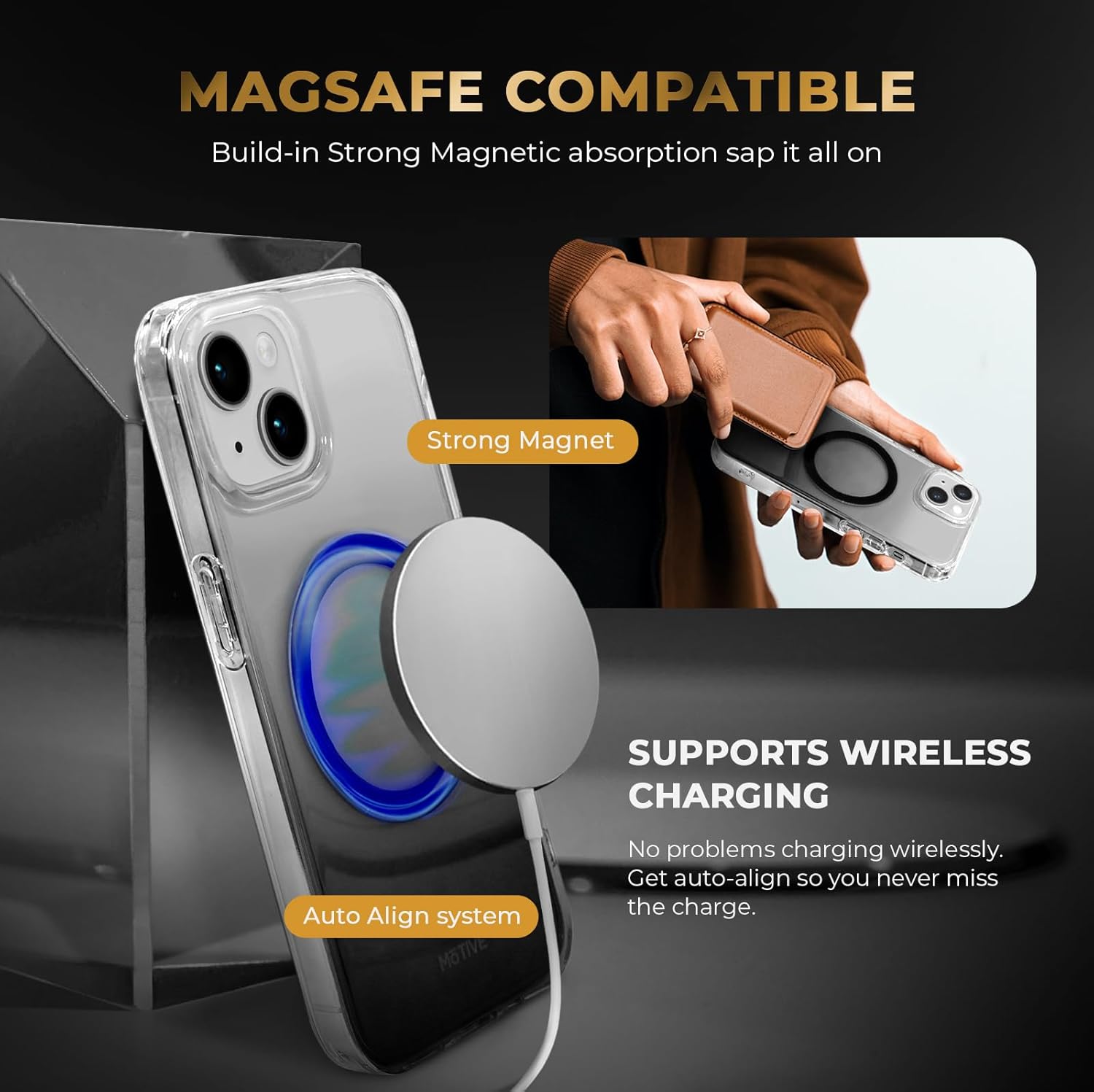 MOTIVE Funda para iPhone 15 Magsafe  Negro  Material de la cubierta resistente al amarillamiento  Protección de grado militar de 360 con diseño