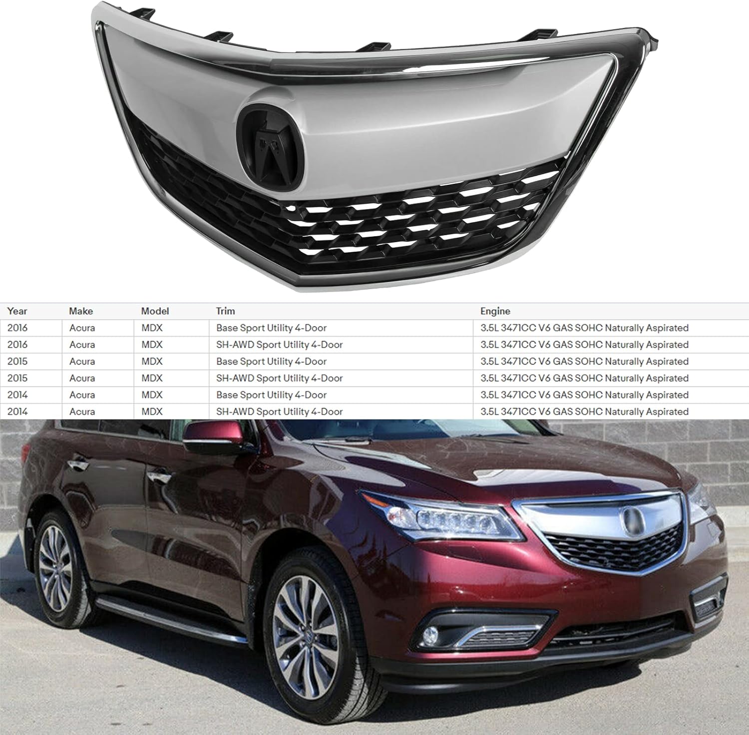 YLT AUTO Kit de repuesto de protector de rejilla de parachoques delantero, entrada de aire negra con moldura cromada para Acura MDX 2014-2016