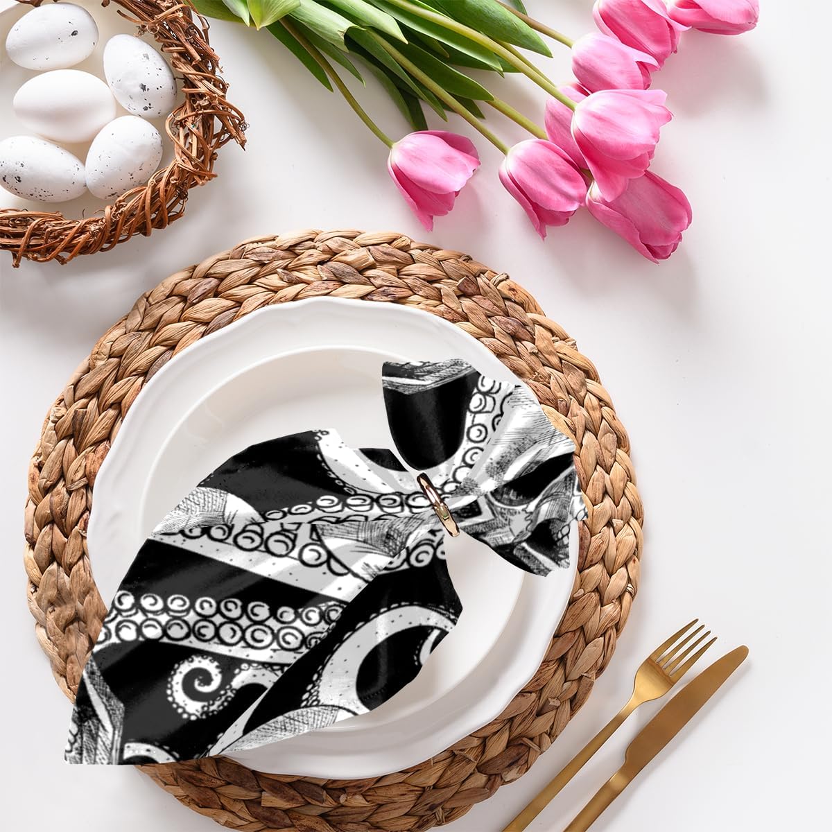 Cloth Napkins Set of 6 Octopus Skull 20×20 Inch Cloth Napkins Octopus Tentacle Washable Reusable Kitchen Dinner Napkins Table Decor for Wedding,