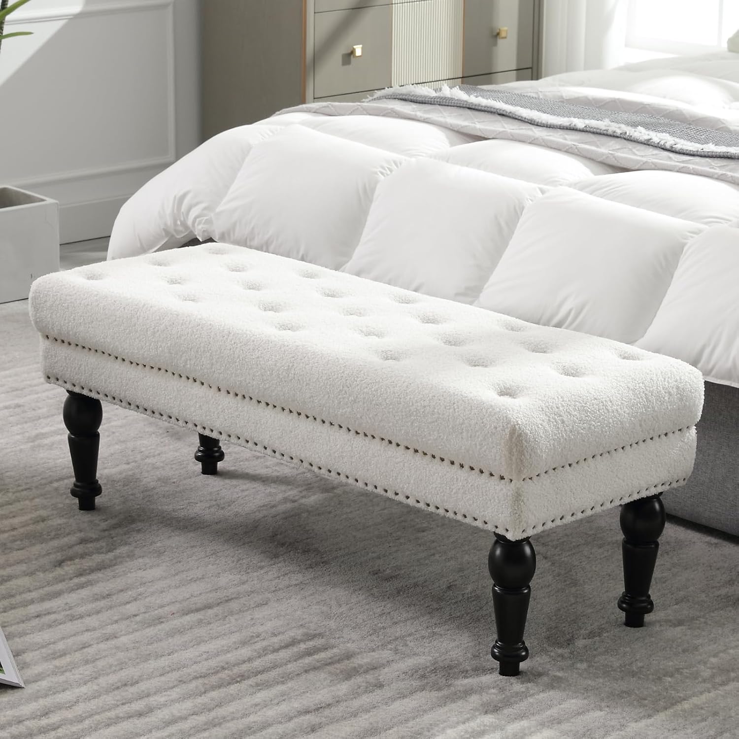 LukeAlon Banco de comedor vintage de sherpa, banco de comedor tapizado con cabeza de clavos, banco auxiliar rectangular con patas de madera maciza,