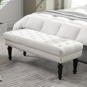 LukeAlon Banco de comedor vintage de sherpa, banco de comedor tapizado con cabeza de clavos, banco auxiliar rectangular con patas de madera maciza, LukeAlon Banco de comedor vintage de sherpa, banco de comedor tapizado con cabeza de clavos, banco auxiliar rectangular con patas de madera maciza,