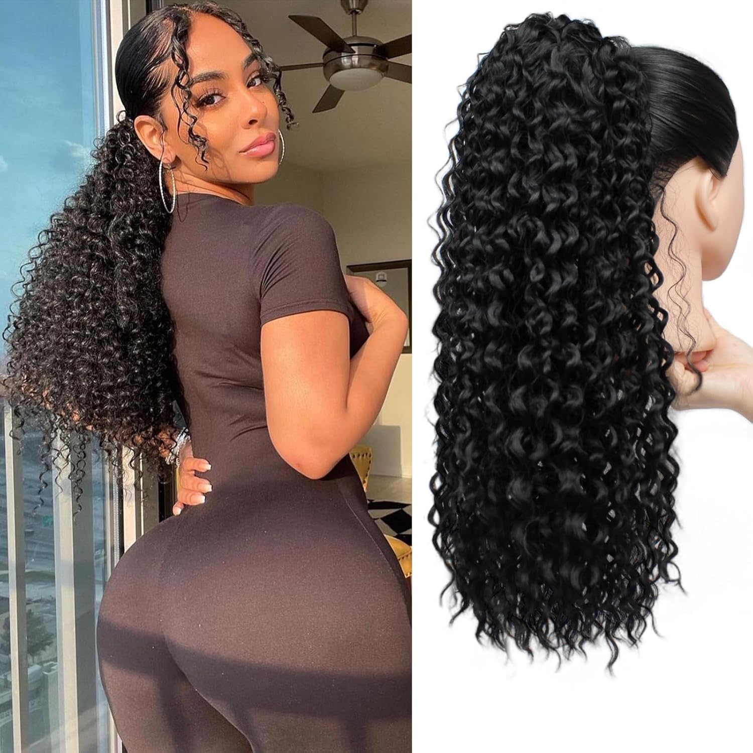 Cola de caballo rizada con cordón para mujeres negras, 18 pulgadas, afro, rizado, aspecto natural, extensiones de cabello sintético con clip para