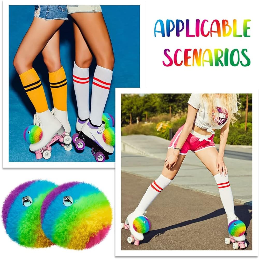 HOMU 2 pompones de patín con pompones de piel sintética para niñas y mujeres, con cascabeles y rodillos, con pompones y pompones de piel sintética,