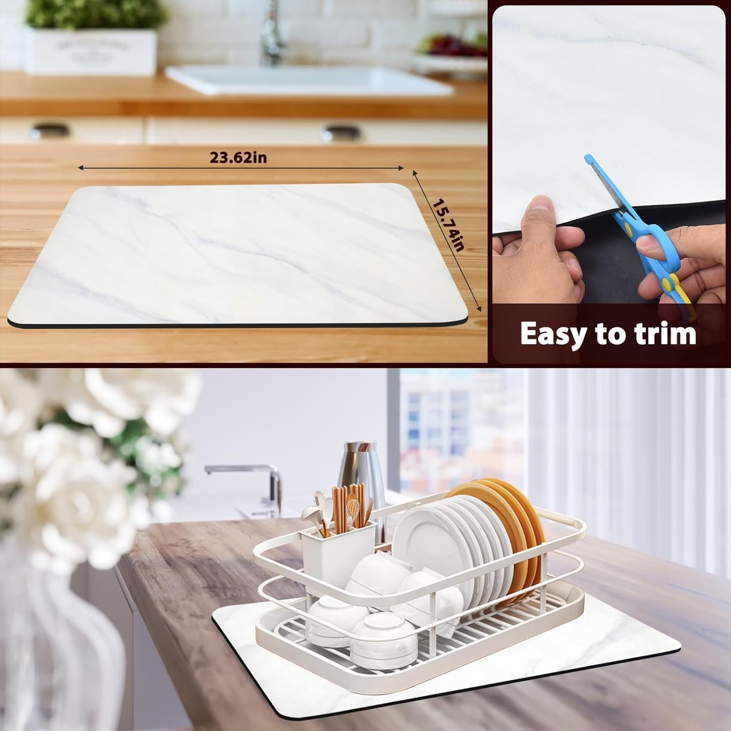 Tapete de secado de platos para encimera de cocina, 24 x 16 pulgadas, súper absorbente, almohadilla de secado de platos con parte trasera de goma