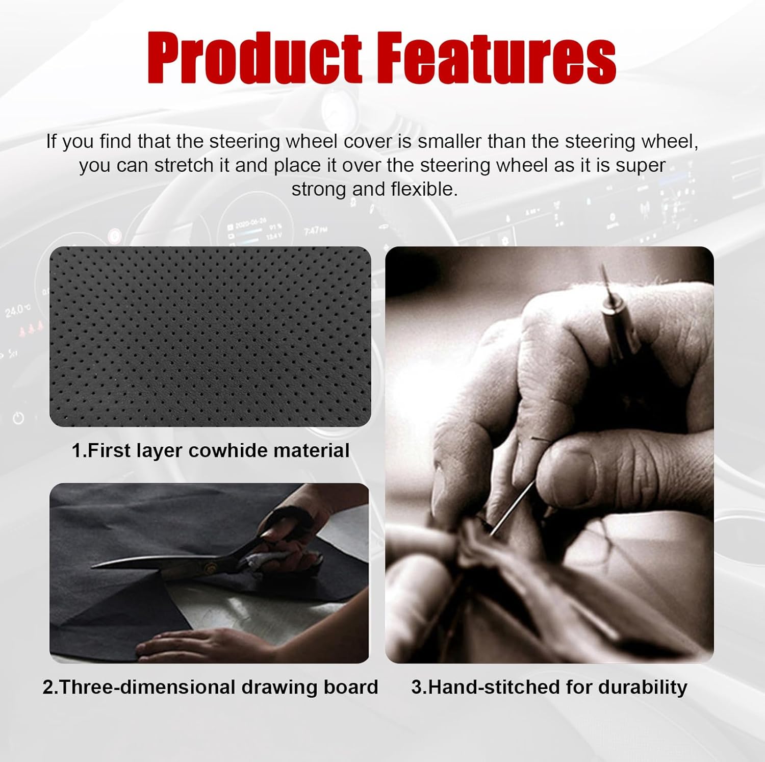 Funda de cuero para volante, protector transpirable antideslizante para volante de automóvil de diámetro máximo de 15 pulgadas, costura DIY con hilo