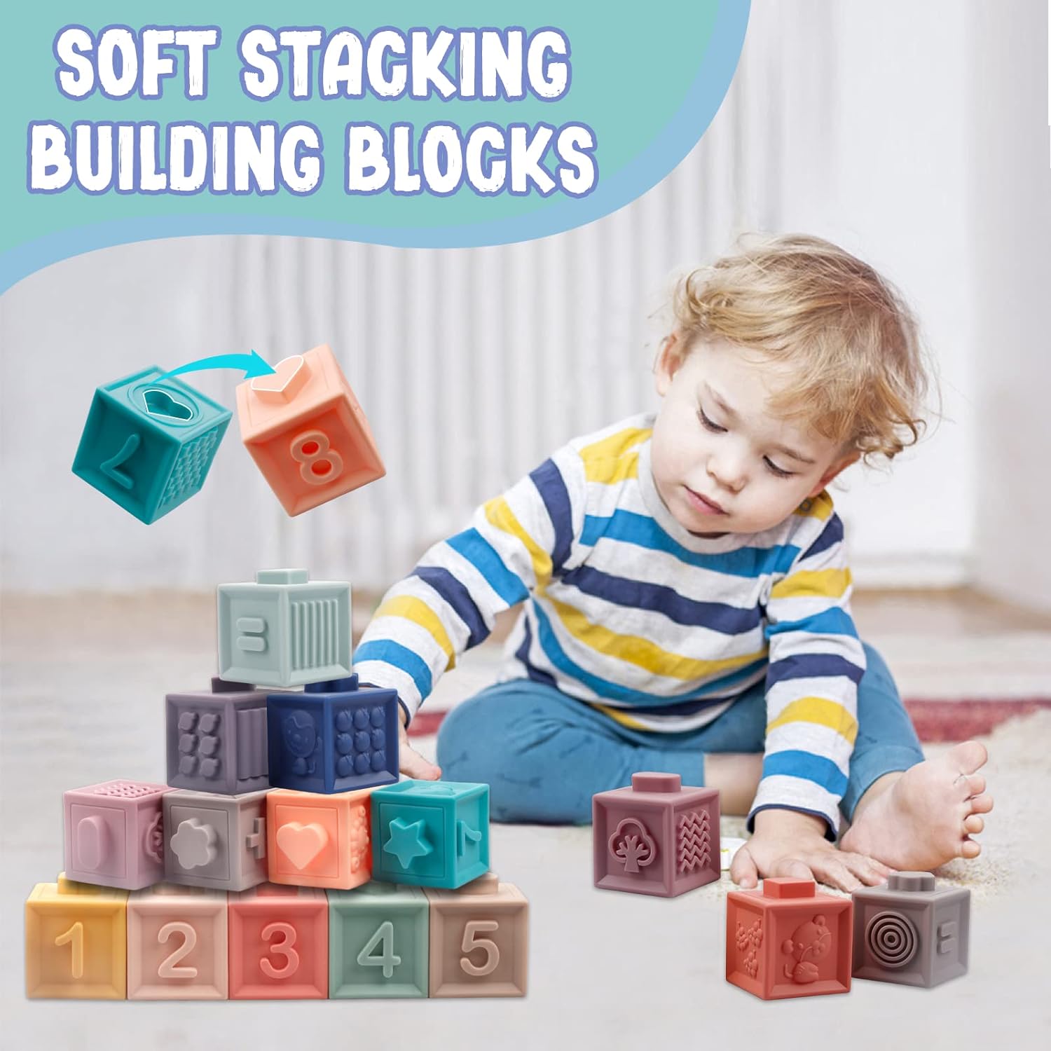 Bloques apilables suaves para bebé juguetes sensoriales Montessori 3 en 1 para bebés de 0 a 3 a 6 a 9 a 12 meses, bloques de construcción, bolas