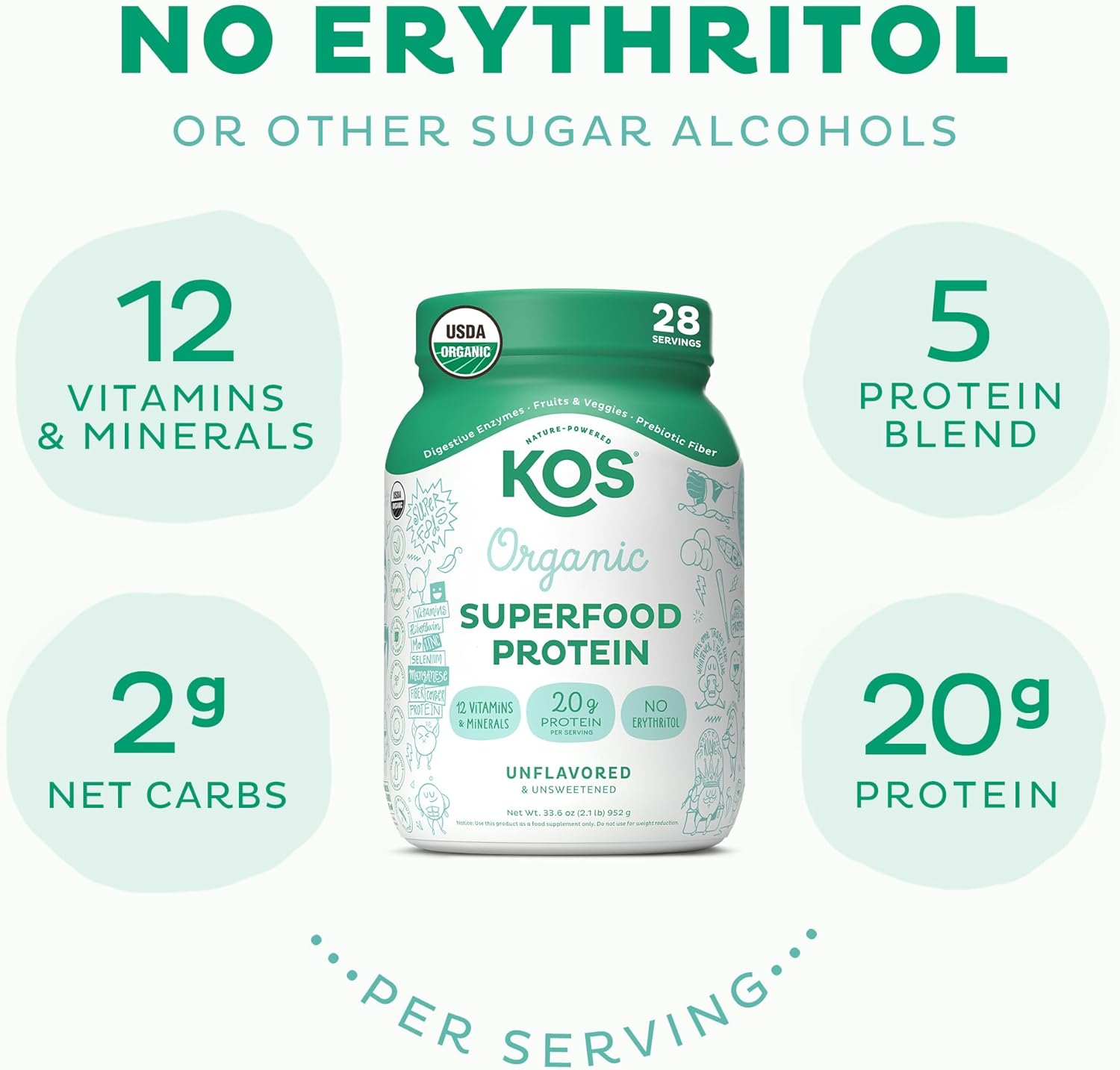 KOS Proteína vegana en polvo, sin sabor y sin azúcar, mezcla de proteínas de guisante baja en carbohidratos, superalimento orgánico rico en