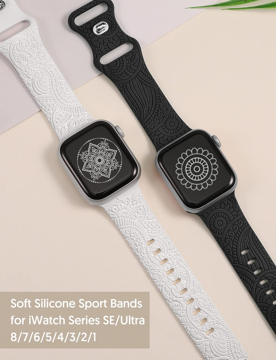 2 Packs Boho Engraved Bands Compatible with Apple Watch Bands 41mm 40mm 38mm 45mm 44mm 42mm 49mm Women Girls Men, Silicone Sport Fancy Dressy Cute