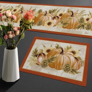 Juego de 6 caminos de mesa y manteles individuales con diseño de calabazas de acuarela, color naranja otoñal, juego de tapetes de comedor de lino Juego de 6 caminos de mesa y manteles individuales con diseño de calabazas de acuarela, color naranja otoñal, juego de tapetes de comedor de lino