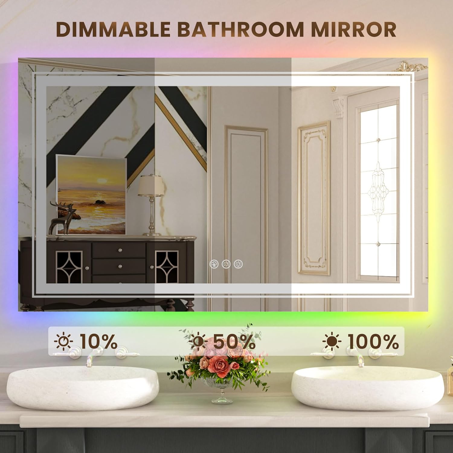 WTTY Espejo de baño LED de 40 x 36 pulgadas con retroiluminación RGB y luz frontal, espejo LED regulable continuo para baño, espejo de tocador de
