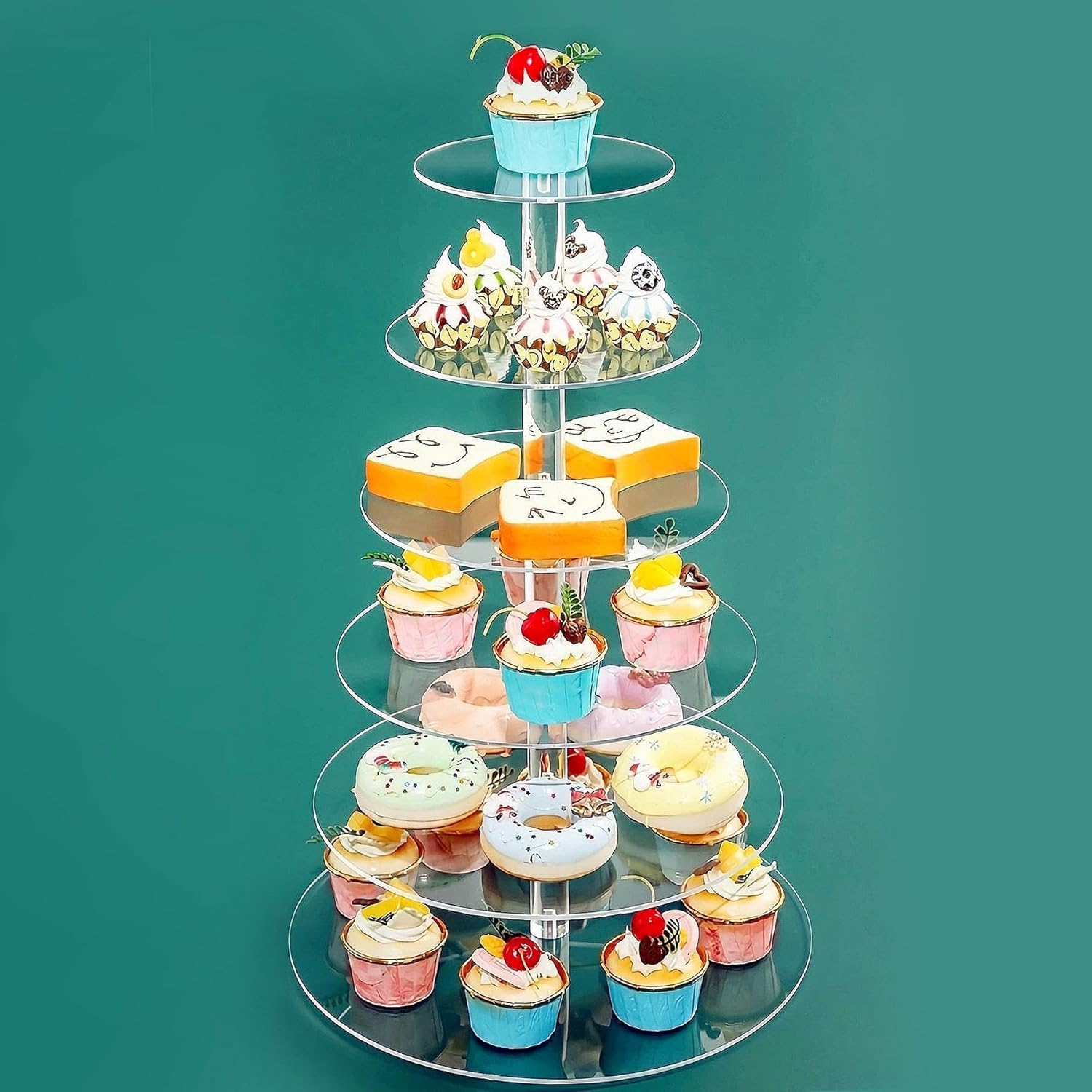 LoveCat Soporte redondo de acrílico de 6 niveles para cupcakes, soporte de exhibición de pastelería transparente de 20 pulgadas, soporte de torre de