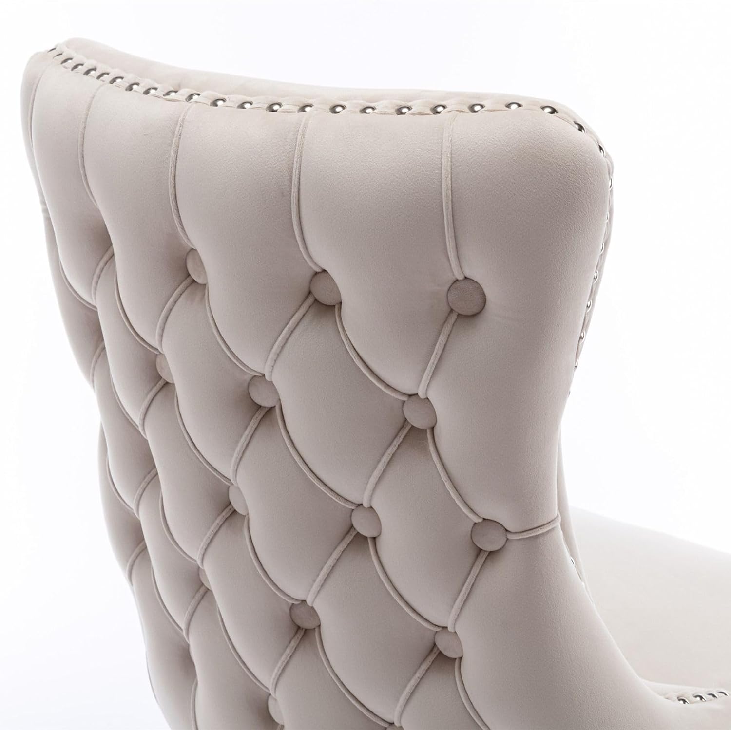 FRITHJILL Silla de comedor tapizada de terciopelo con respaldo de ala y patas de madera marrón, decoración de remaches, silla auxiliar moderna de
