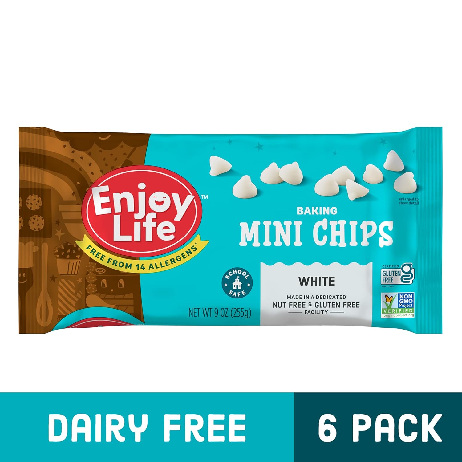 Enjoy Life – Chips blancos para hornear, sin lácteos, soja y nueces, sin OMG, sin gluten, chips de chocolate veganos, 9 onzas (paquete de 6), hornea