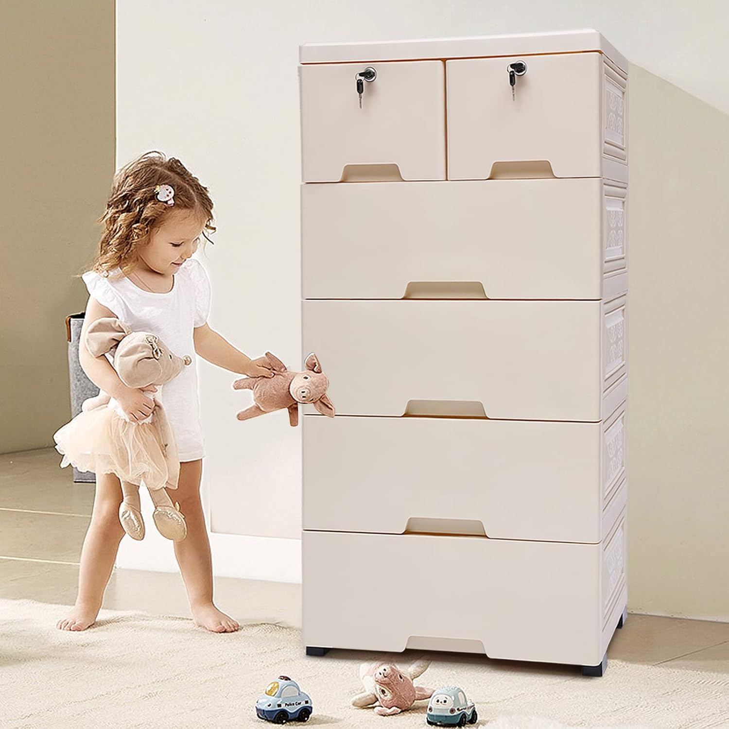 Cómoda de cajones de plástico, armario moderno de almacenamiento de piso con 6 cajones, organizador alto de cómoda, cajonera para dormitorio de