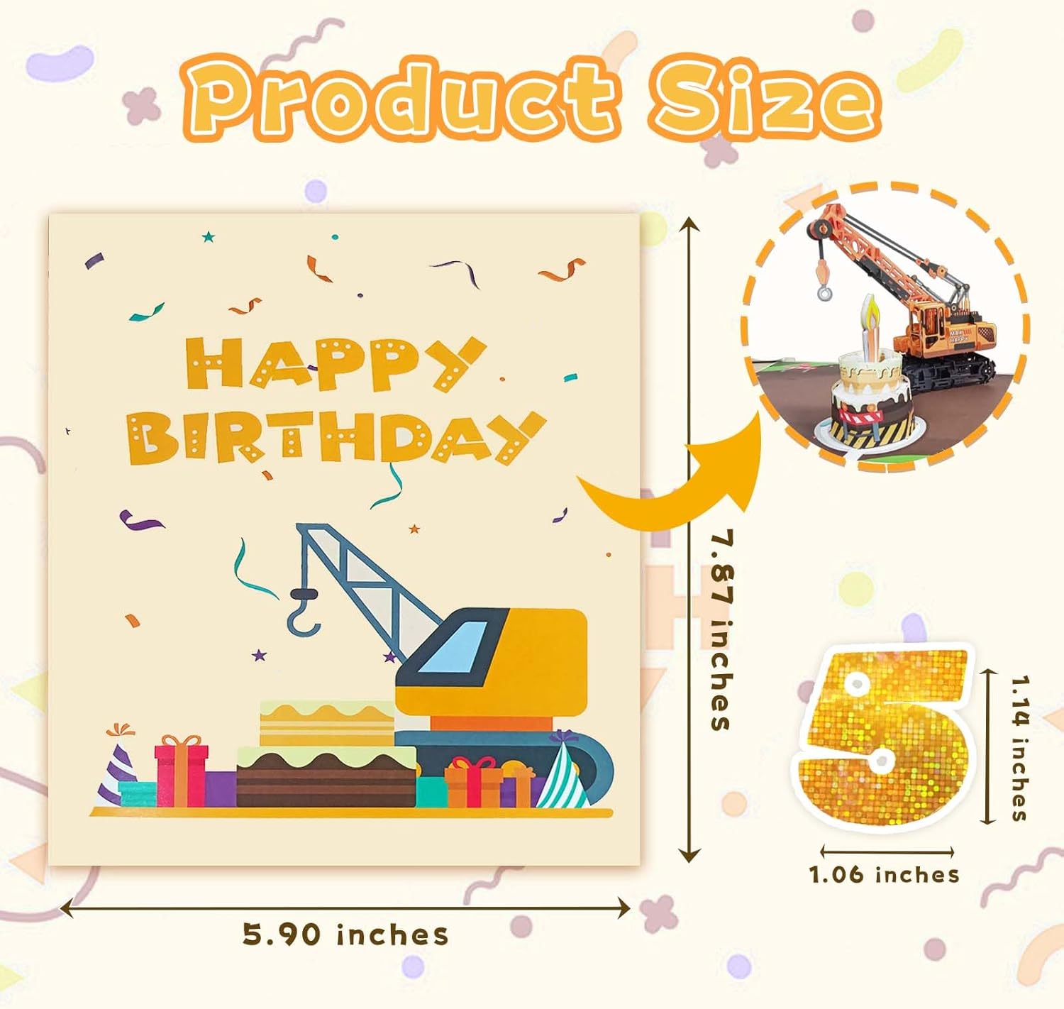 Tarjeta de felicitación 3D de 5 cumpleaños con luz y música, tarjeta de camión grúa para niño, sobrino, nieto, hijo, niño pequeño, con sobre,