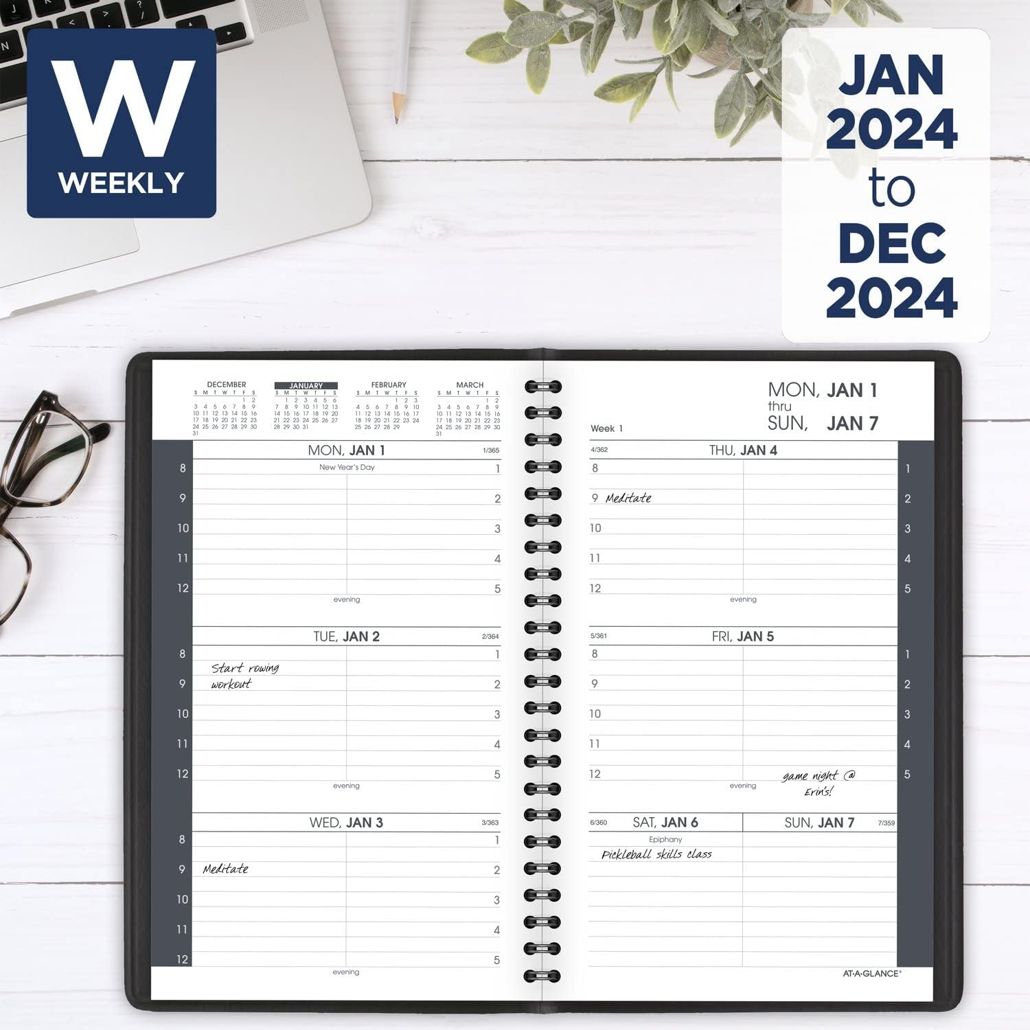 AT-A-GLANCE Agenda semanal de citas 2024, 5 x 8 pulgadas, pequeño, negro (701000524)