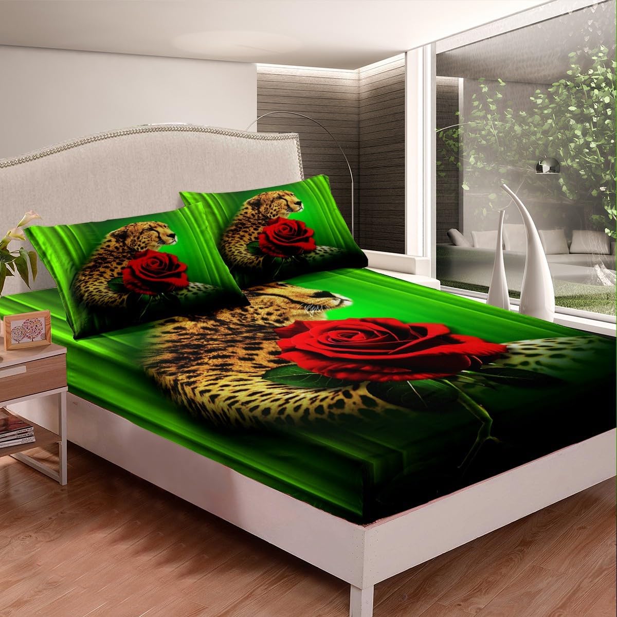 Sábanas de cama con diseño de rosas de guepardo, tamaño individual, estampado de leopardo, flores, juego de ropa de cama para niños, adolescentes,
