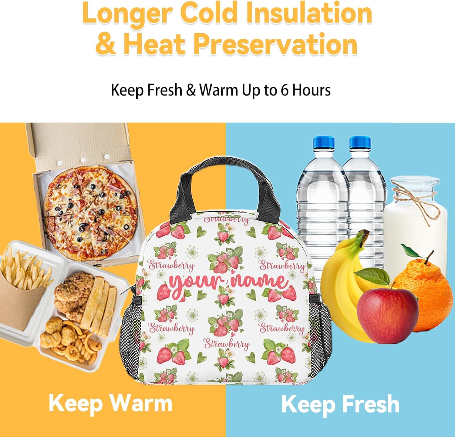 Lonchera personalizada de fresa para niños, pequeñas bolsas de almuerzo aisladas, bonita lonchera reutilizable para niñas, bolsas de almuerzo