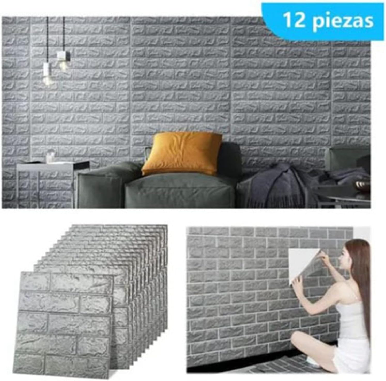 12 piezas de papel tapiz de ladrillo 3D, papel tapiz de ladrillo 3D para despegar y pegar, color negro y gris, autoadhesivo, impermeable, paneles de