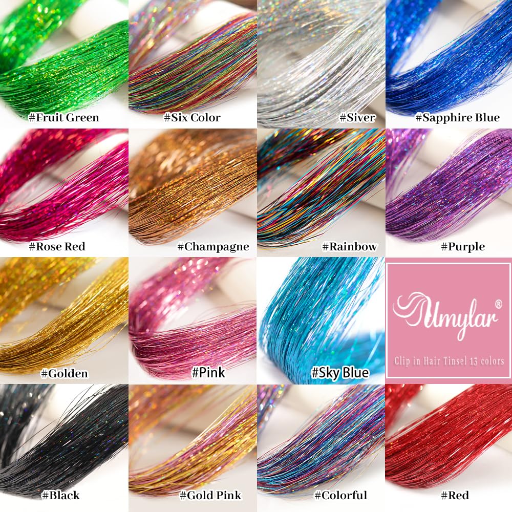 Paquete de 12 extensiones de cabello de oropel con clip de 20 pulgadas, extensiones de cabello de oropel con purpurina colorida para fiesta,