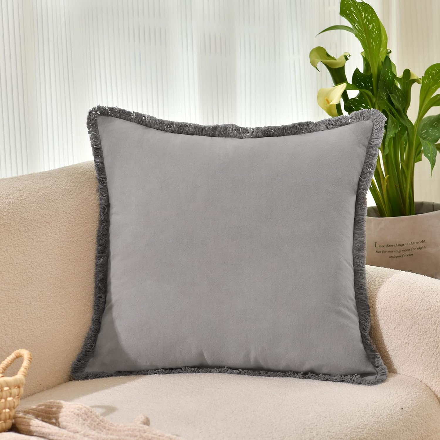 ZWJD Juego de 2 fundas de almohada de 18 x 18 pulgadas, color gris, con flecos, de algodón, decorativas, cuadradas, para sofá, cama, sala de estar,