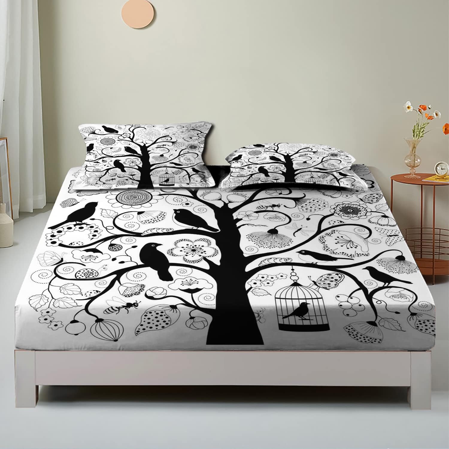 Sábana bajera con temática en blanco y negro, tamaño individualindividual XL, patrón de flores de árbol, pájaros, juego de decoración de ropa de