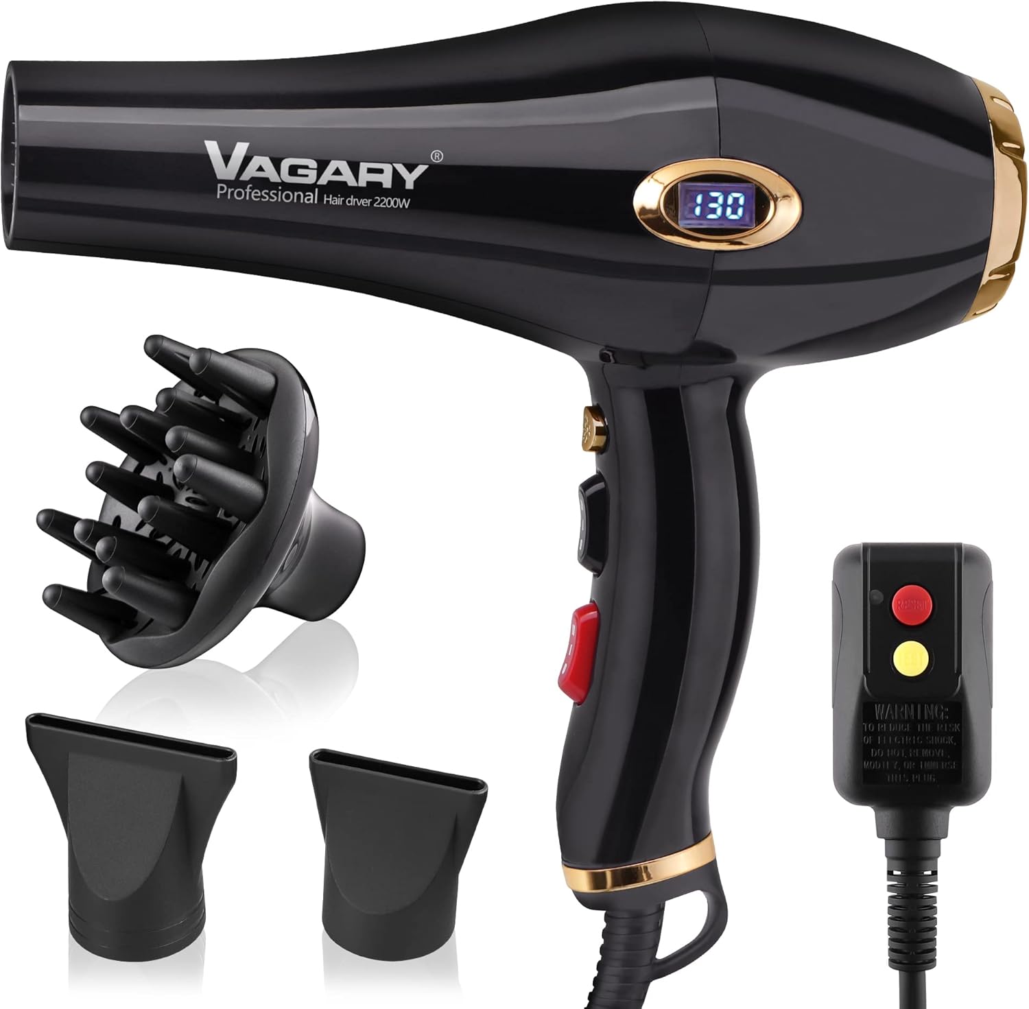 VAGARY 6685G Secador de pelo profesional de salón de 2200 W con pantalla Icd, secador de soplado iónico negativo, potente secadora de aire