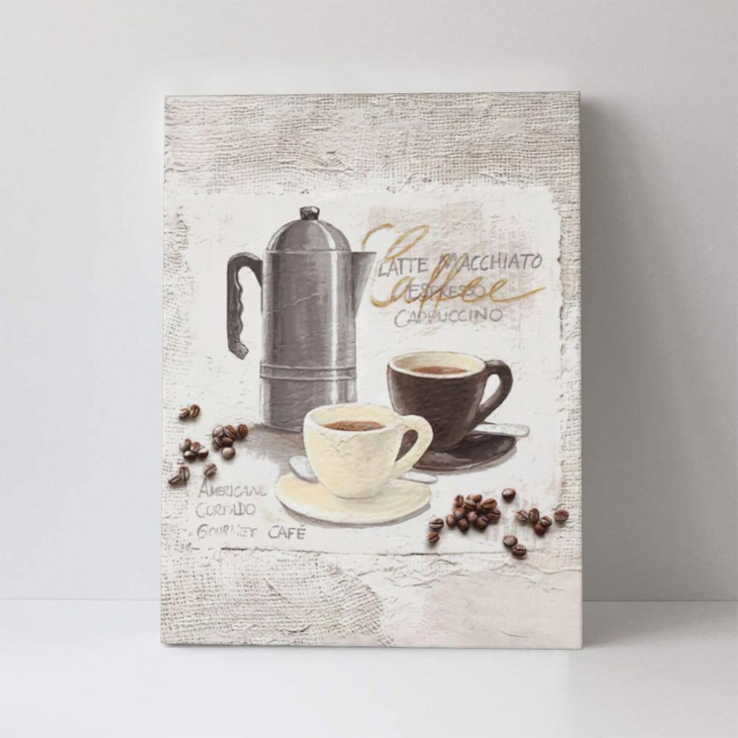 Arte de pared de café en grano de café, taza de café, cuadros para decoración de pared, pintura rústica, cocina, café, lienzo, impresiones en