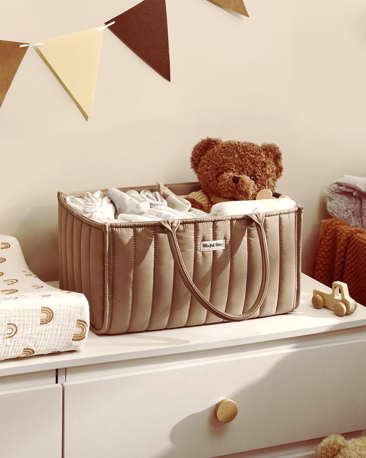 Blissful Diary Cesta de pañales para bebé, elegante organizador de pañales para bebé, cesta de almacenamiento para pañales, lista de regalos para