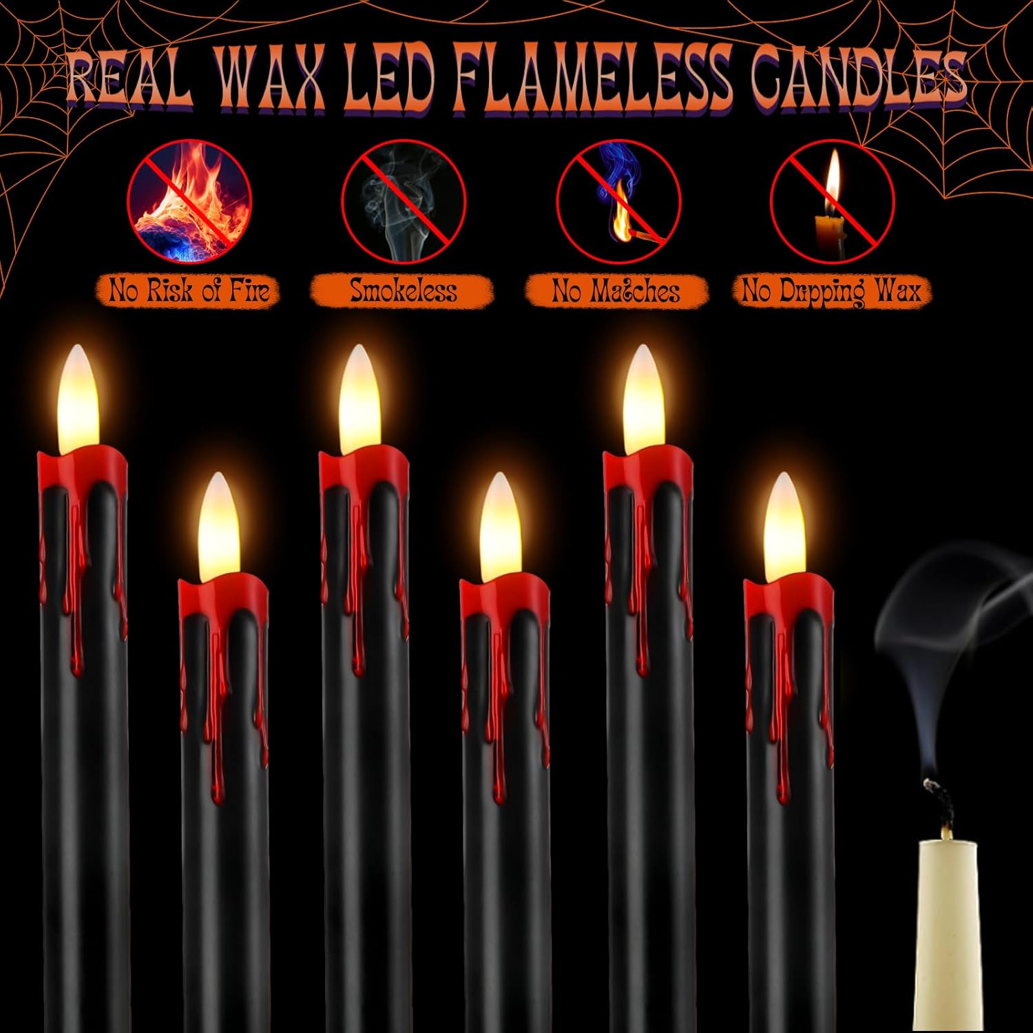 Sratte 12 juegos de velas LED sin llama con control remoto y portavelas, funciona con pilas, velas de lágrimas de vampiro, decoración espeluznante y