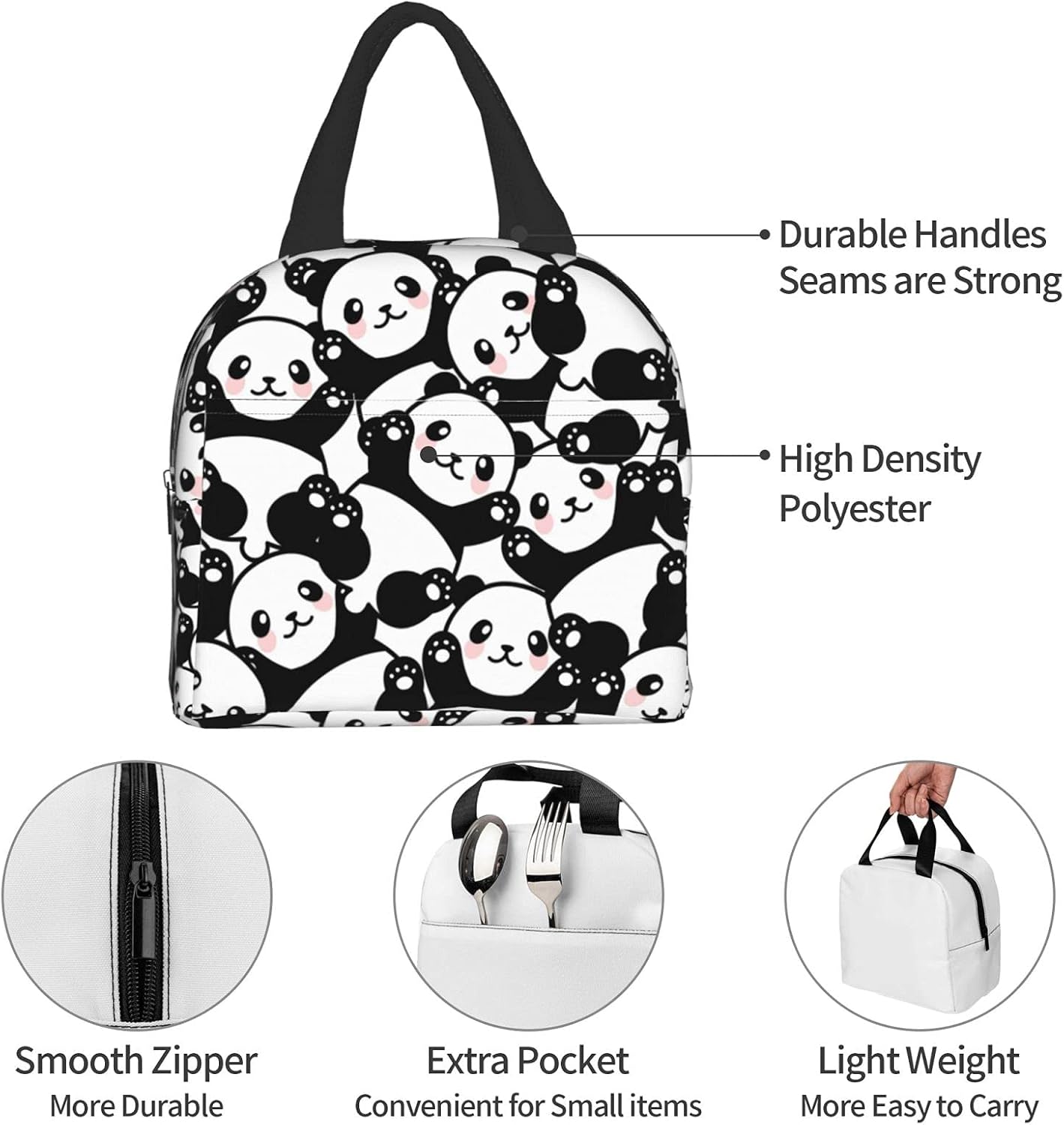 Linda lonchera de panda  Bolsas de almuerzo aisladas para niños y niñas, bolsas de almuerzo reutilizables, perfectas para la escuela, campamento,