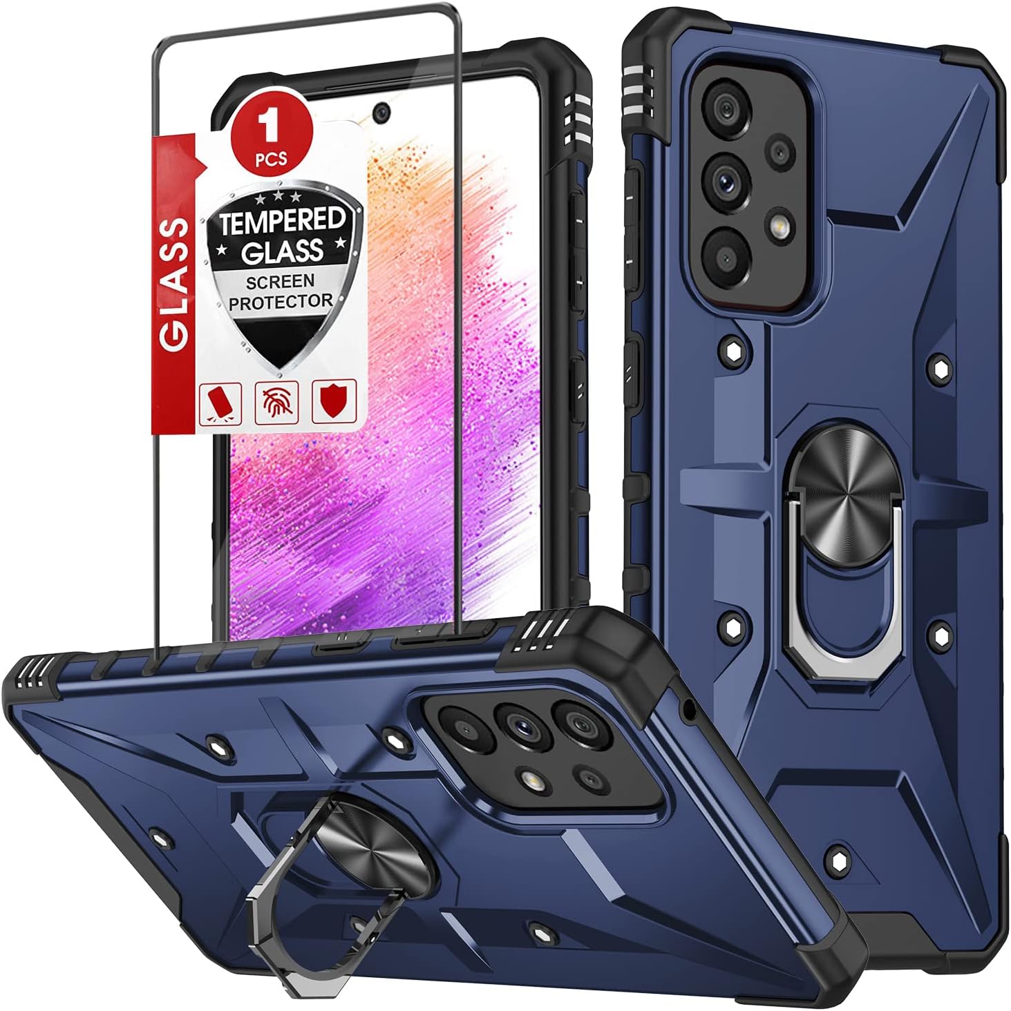 Funda para Galaxy A53 5G, Samsung A53 5G con protector de pantalla de vidrio templado, grado militar, doble a prueba de golpes, con función atril,
