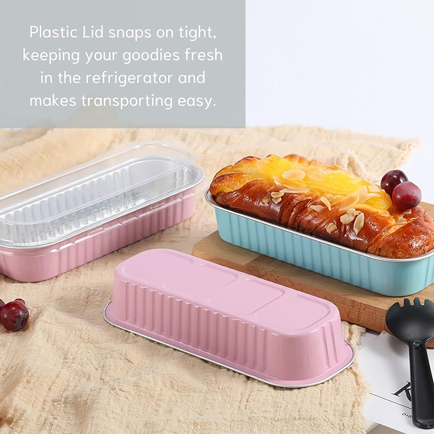 Mini moldes para hornear pan con tapas y cucharas (paquete de 50 unidades, 6.8 onzas), moldes rectangulares de papel de aluminio para hornear,