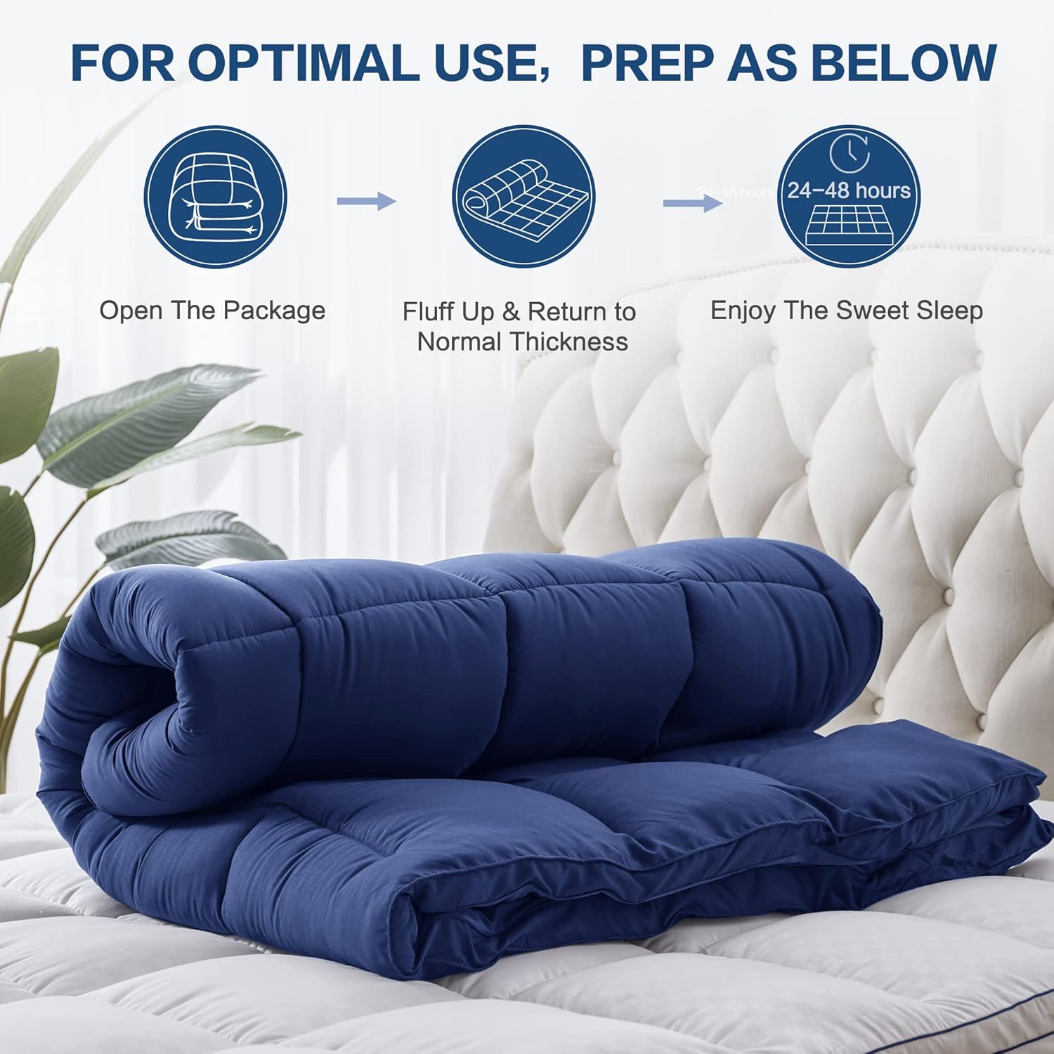 BedLuxury Cubrecolchón corto tamaño Queen, protector acolchado de felpa suave con bolsillo profundo de 8-21 pulgadas, color azul marino