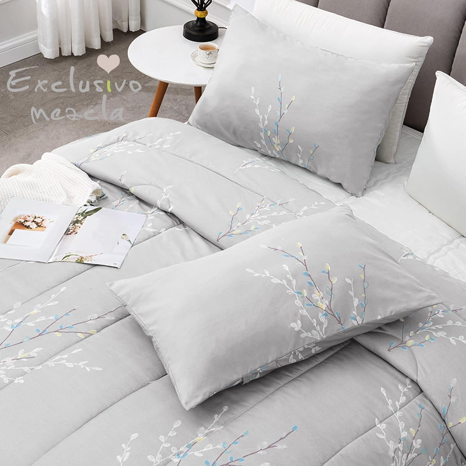 Exclusivo Mezcla Juego de edredón de 3 piezas, edredón alternativo de microfibra para todas las estaciones con 2 fundas de almohada, patrón floral,