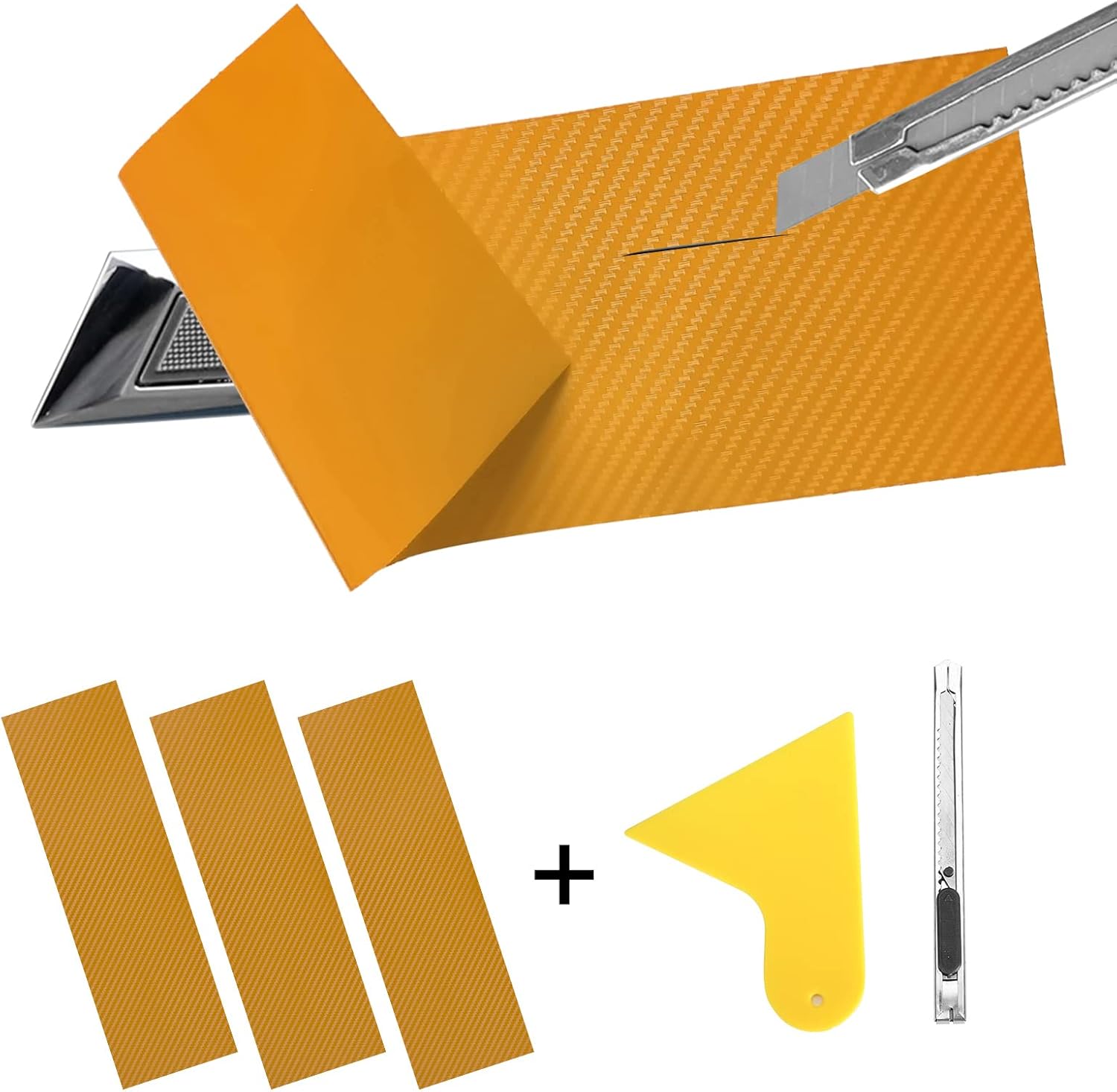 YAMUDA – Vinilo de fibra de carbono hágalo usted mismo de 11.8 x 4 pulgadas compatible con emblema. Kit con espátula y cortador Universal 3piezas