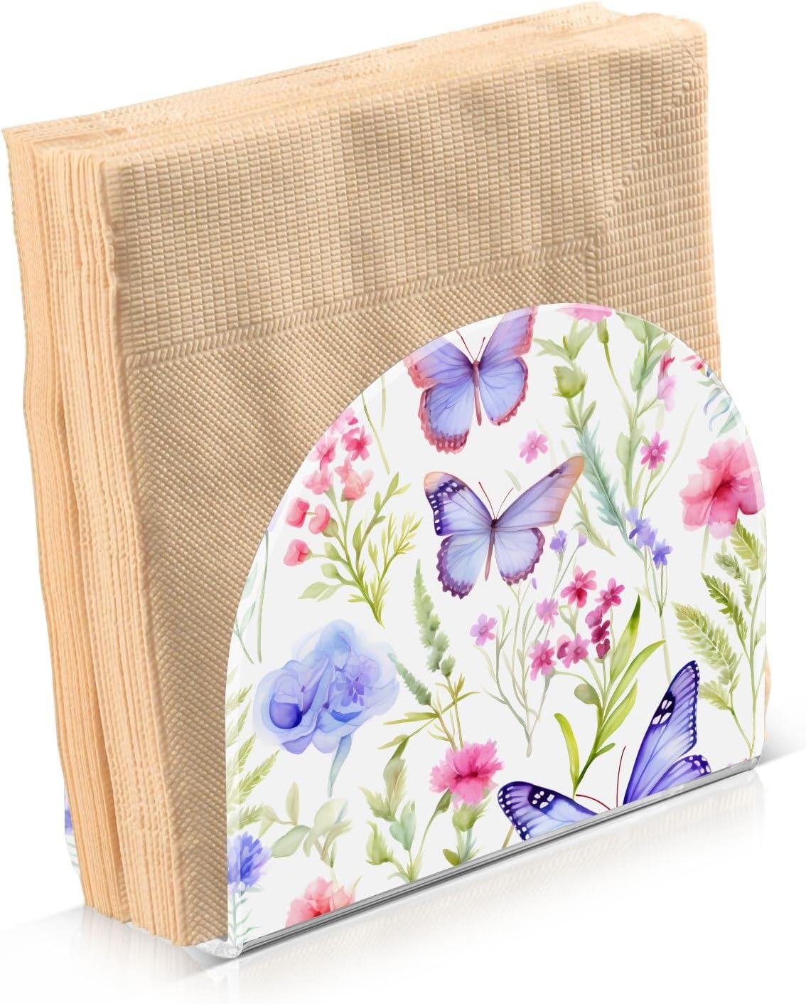 Butterfly Pink Flowers Napkin Holder, Acrylic Napkin Holders for Table Cocktail Napkins Dispenser Paper Stand for Home Kitchen Restaurant Bar, 2 Pc