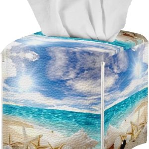 Funda para caja de pañuelos con temática de playa, diseño de conchas y estrellas de mar, soporte cuadrado para caja de pañuelos de piel sintética, Funda para caja de pañuelos con temática de playa, diseño de conchas y estrellas de mar, soporte cuadrado para caja de pañuelos de piel sintética,