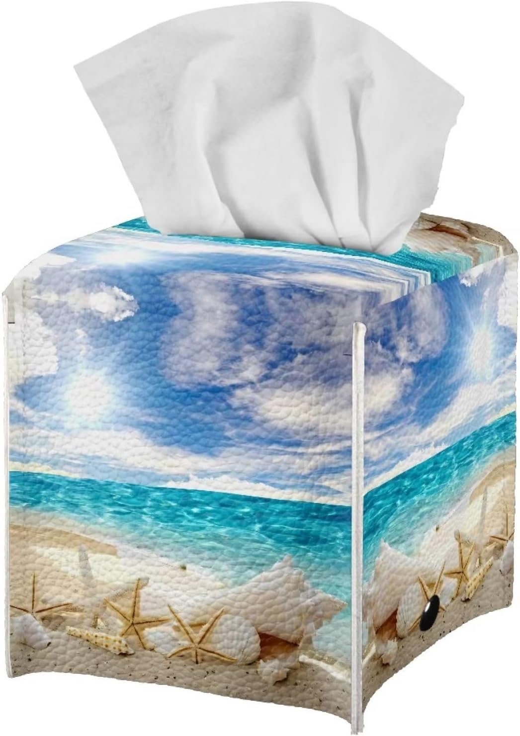 Funda para caja de pañuelos con temática de playa, diseño de conchas y estrellas de mar, soporte cuadrado para caja de pañuelos de piel sintética,